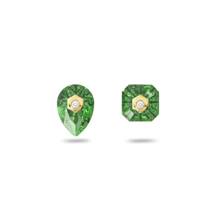 Pendientes de botón Numina - Diseño asimétrico, Tallas mixtas, Verdes, Baño tono oro