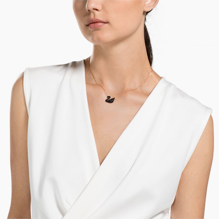Colgante Swan, Cisne, Negro, Baño tono oro rosa