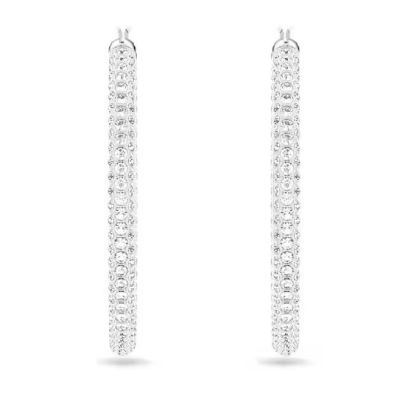 Pendientes de aro Stone - Pavé, Grandes, Blancos, Baño de rodio